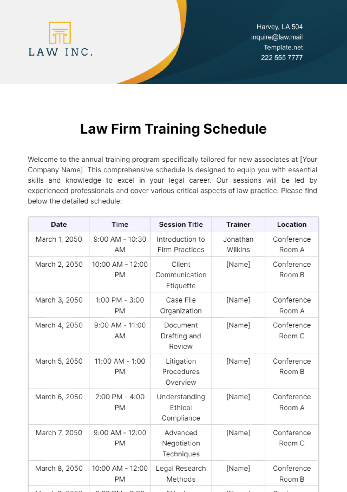 Law Firm Training Schedule Template