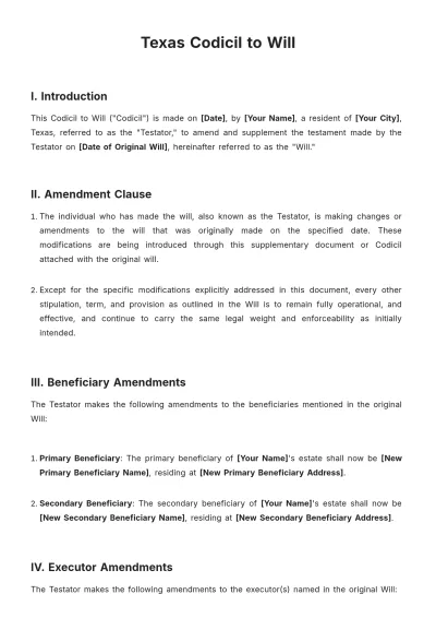 Free Texas Codicil to Will Template to Edit Online