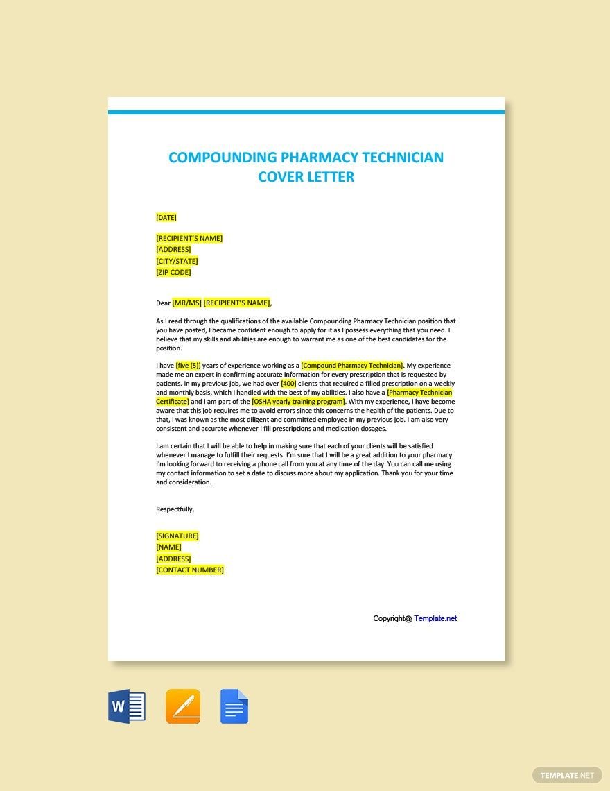 Compounding Pharmacy Technician Cover Letter