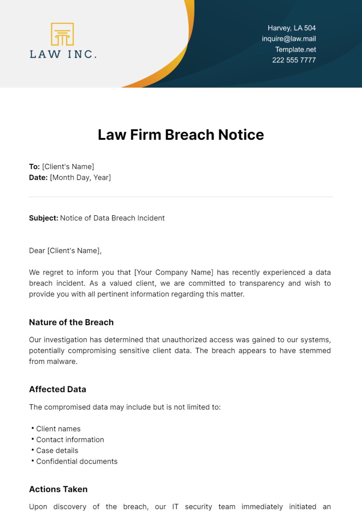 Law Firm Breach Notice Template - Edit Online & Download