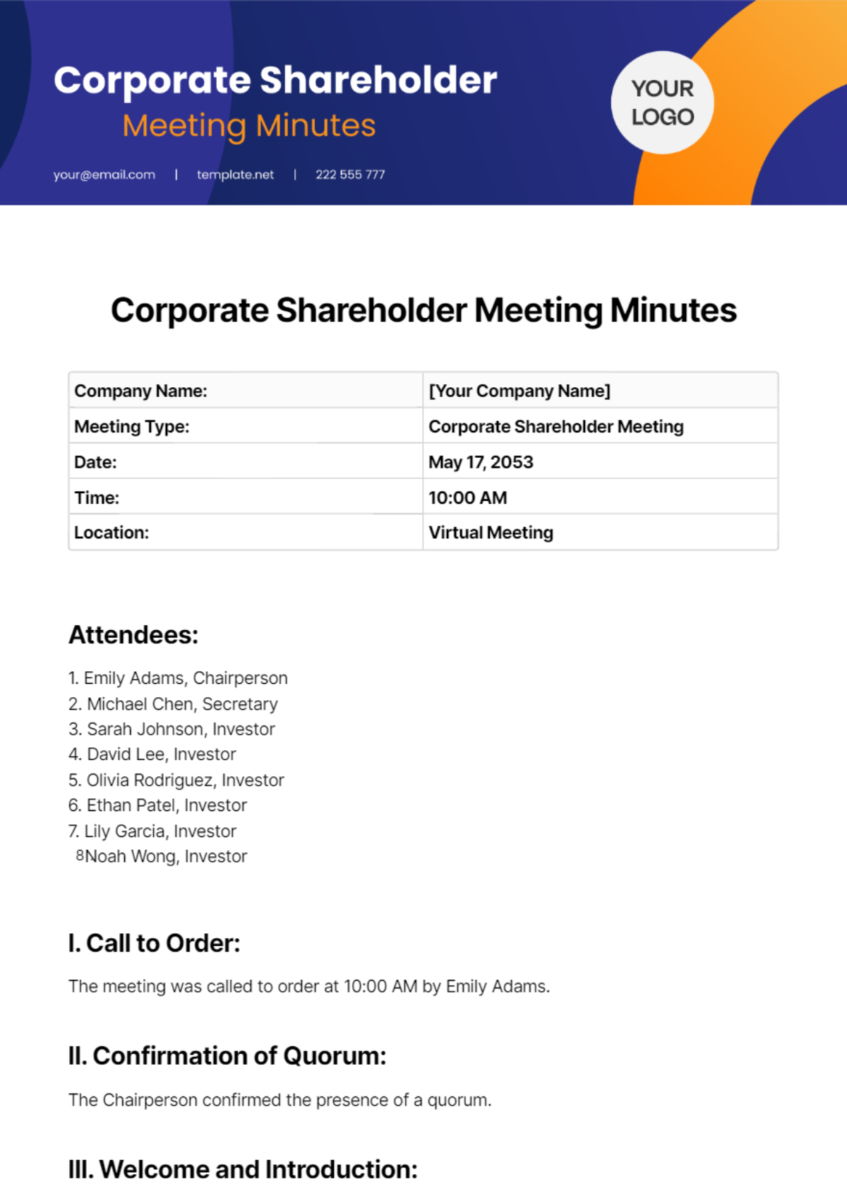 Corporate Shareholder Meeting Minutes Template