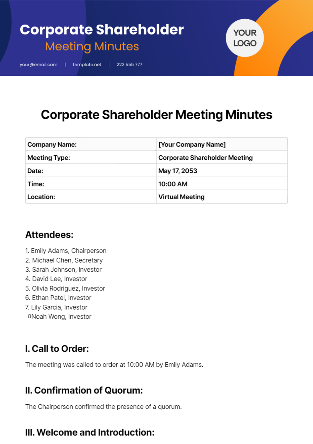 Corporate Shareholder Meeting Minutes Template - Edit Online & Download