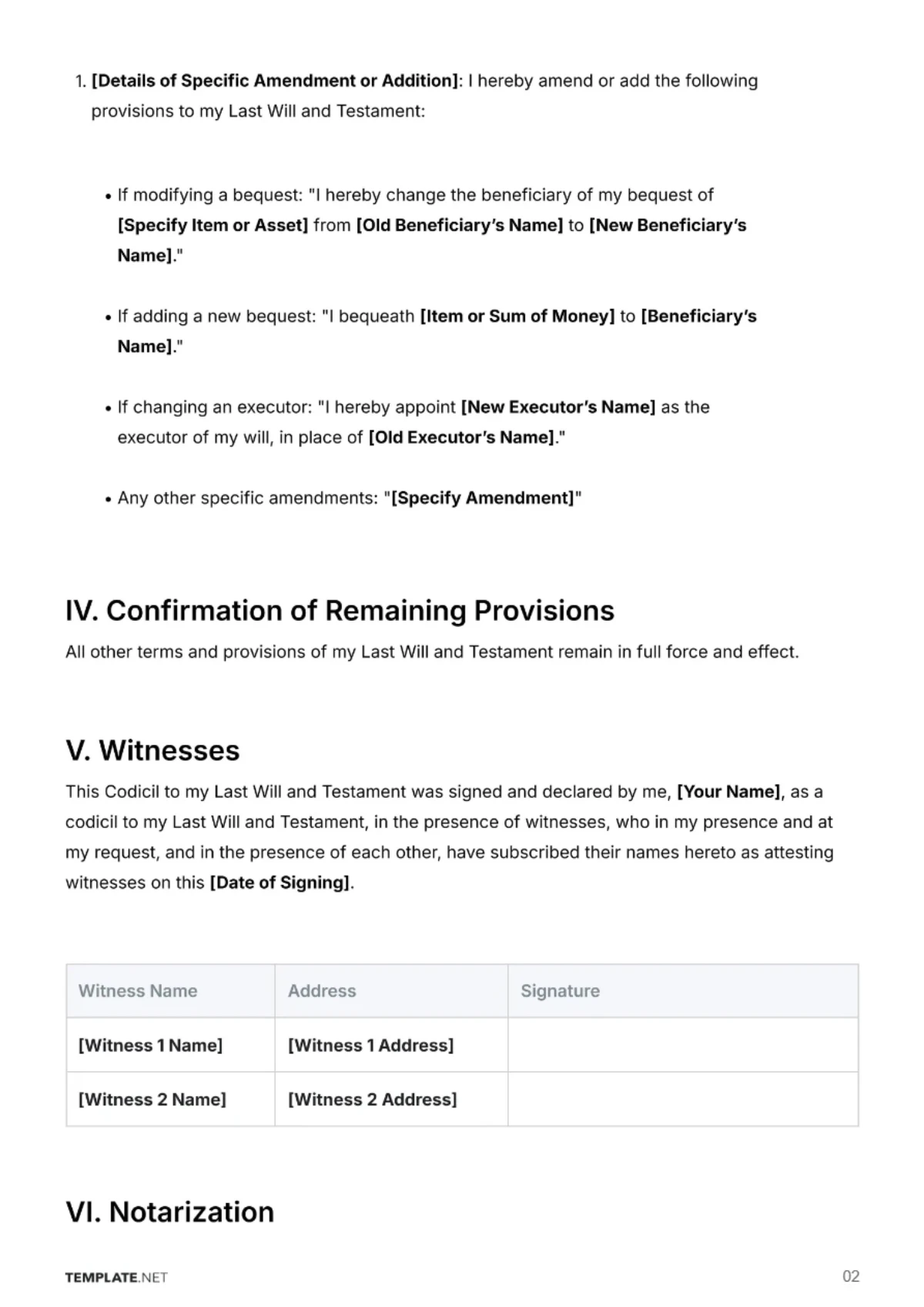 Free Michigan Codicil to Will Template to Edit Online