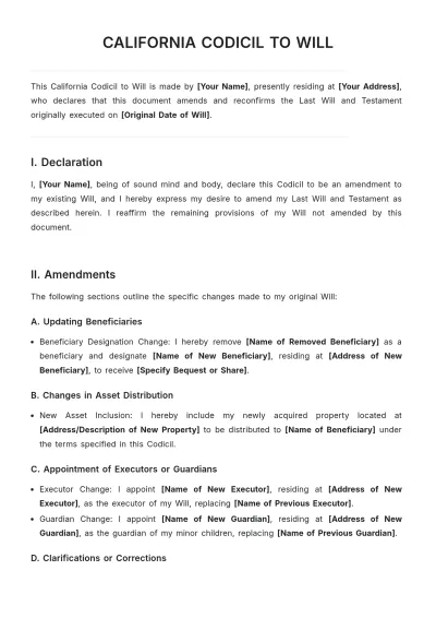 Free California Codicil to Will Template to Edit Online