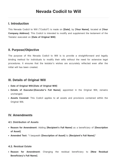 Free Nevada Codicil to Will Template to Edit Online