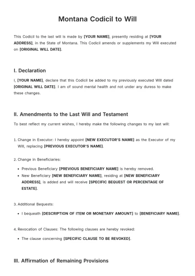Free Montana Codicil to Will Template to Edit Online