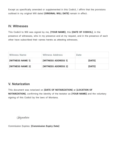 Free Montana Codicil to Will Template to Edit Online