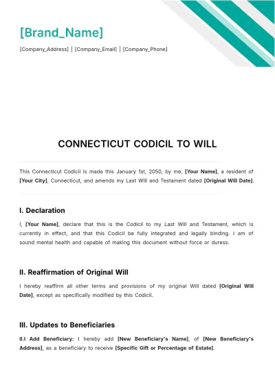 Free Connecticut Codicil to Will Template to Edit Online