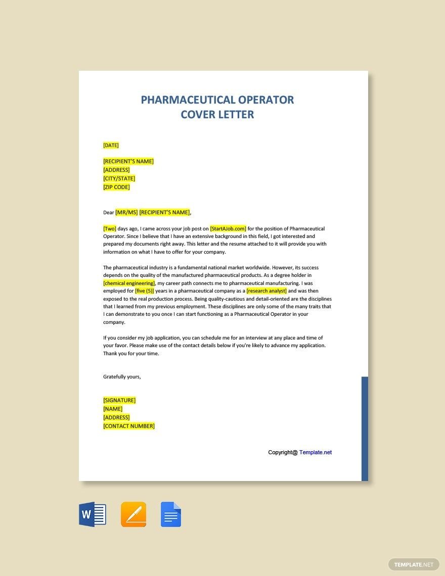 Pharmaceutical Operator Cover Letter