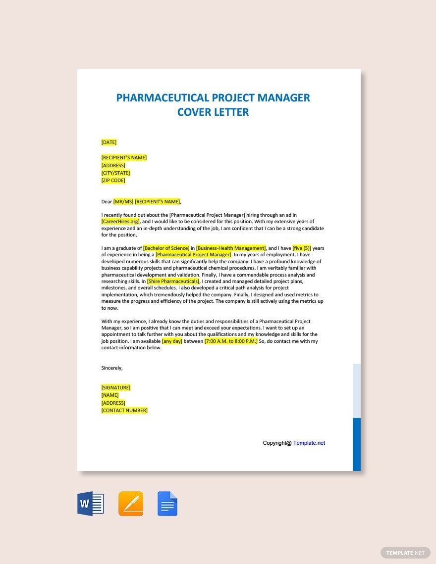 Pharmaceutical Project Manager Cover Letter Template