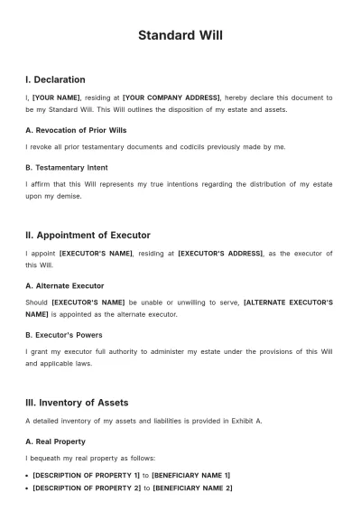 Free Standard Will Template to Edit Online