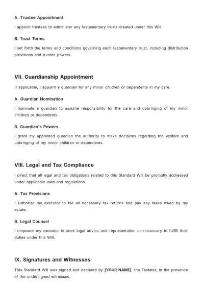 Free Standard Will Template to Edit Online