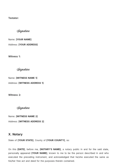 Free Standard Will Template to Edit Online