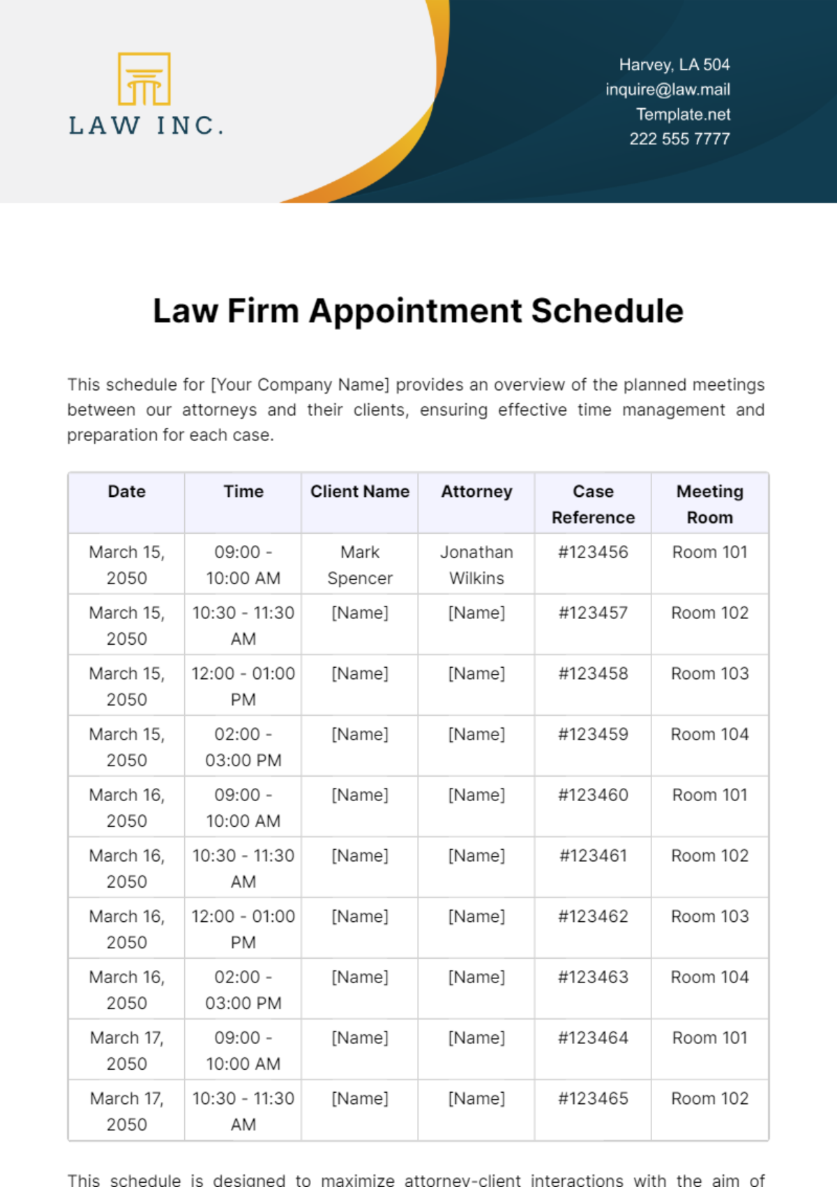 Law Firm Appointment Schedule Template - Edit Online & Download