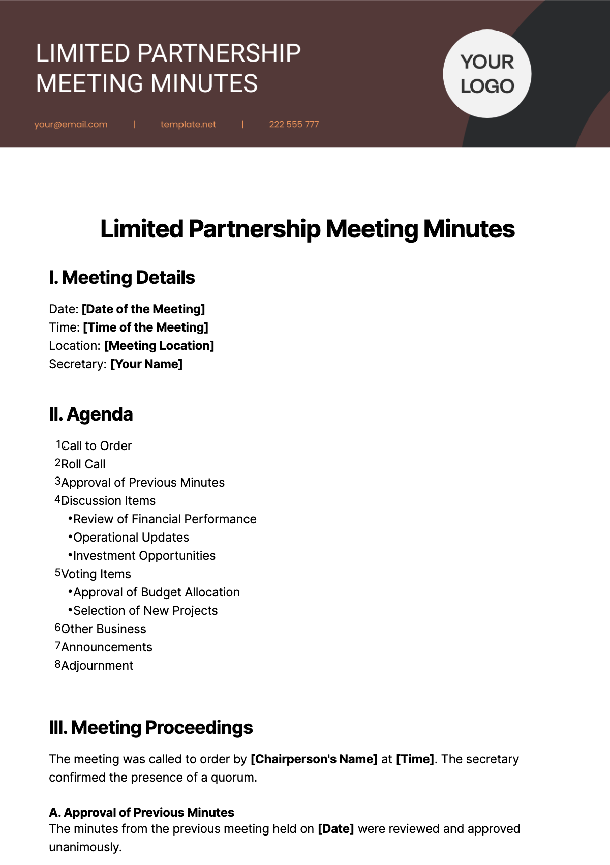 Limited Partnership Meeting Minutes Template