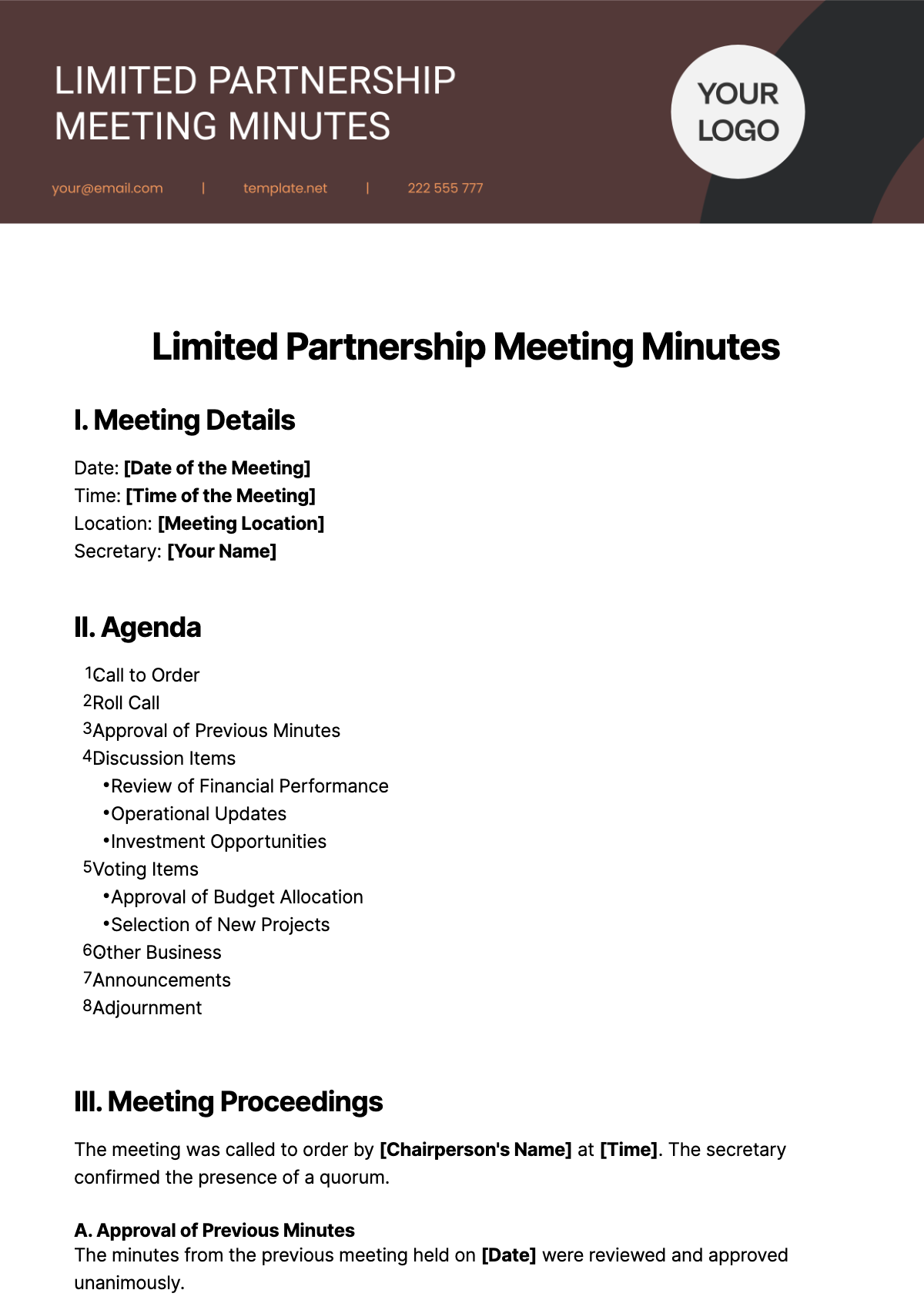 Limited Partnership Meeting Minutes Template - Edit Online & Download