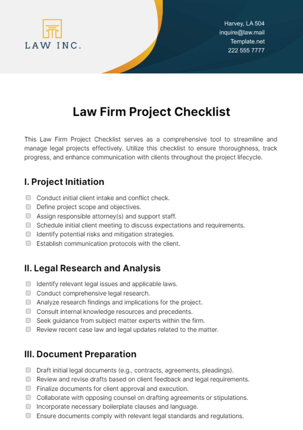 Law Firm Project Checklist Template