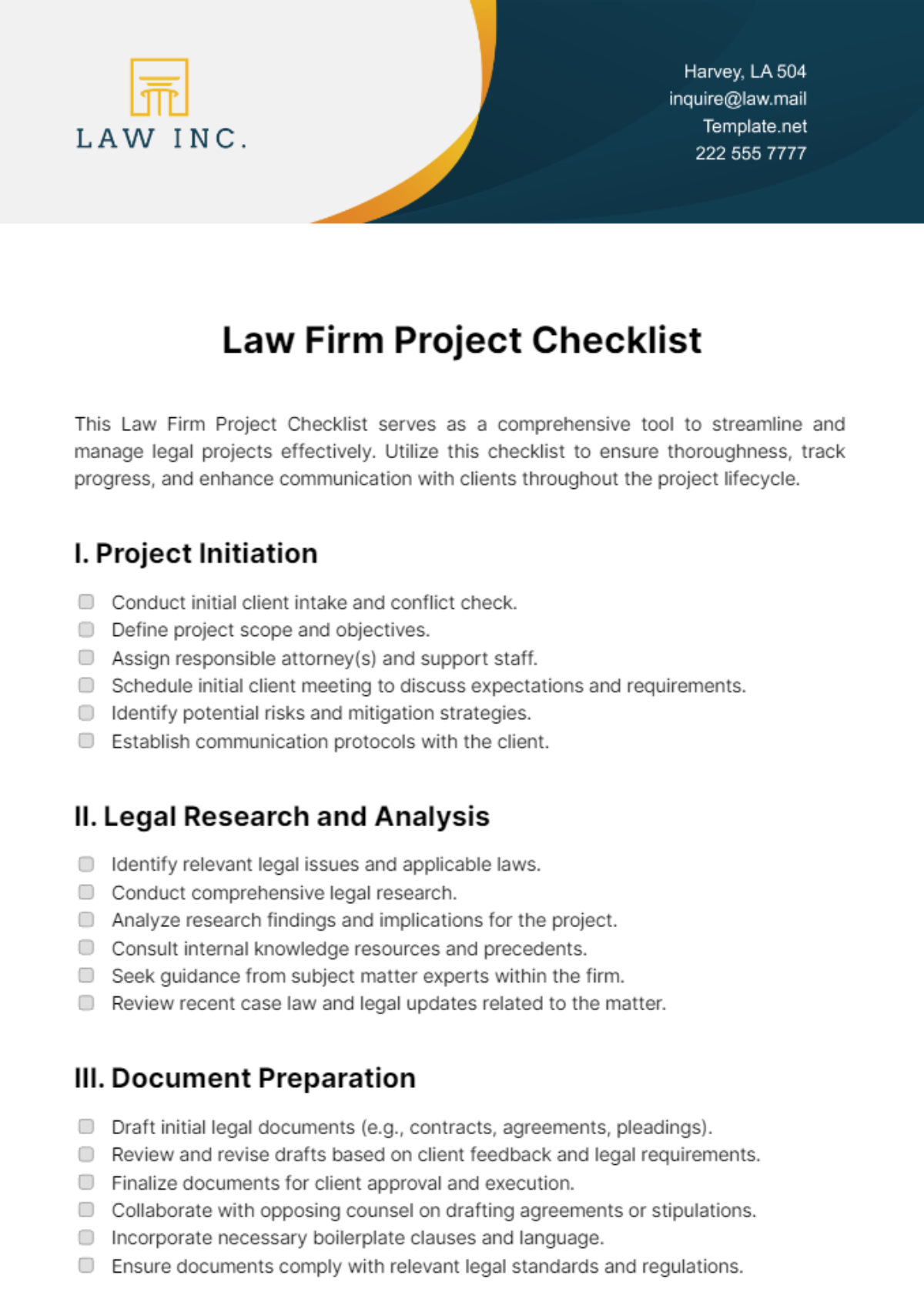 Law Firm Project Checklist Template - Edit Online & Download