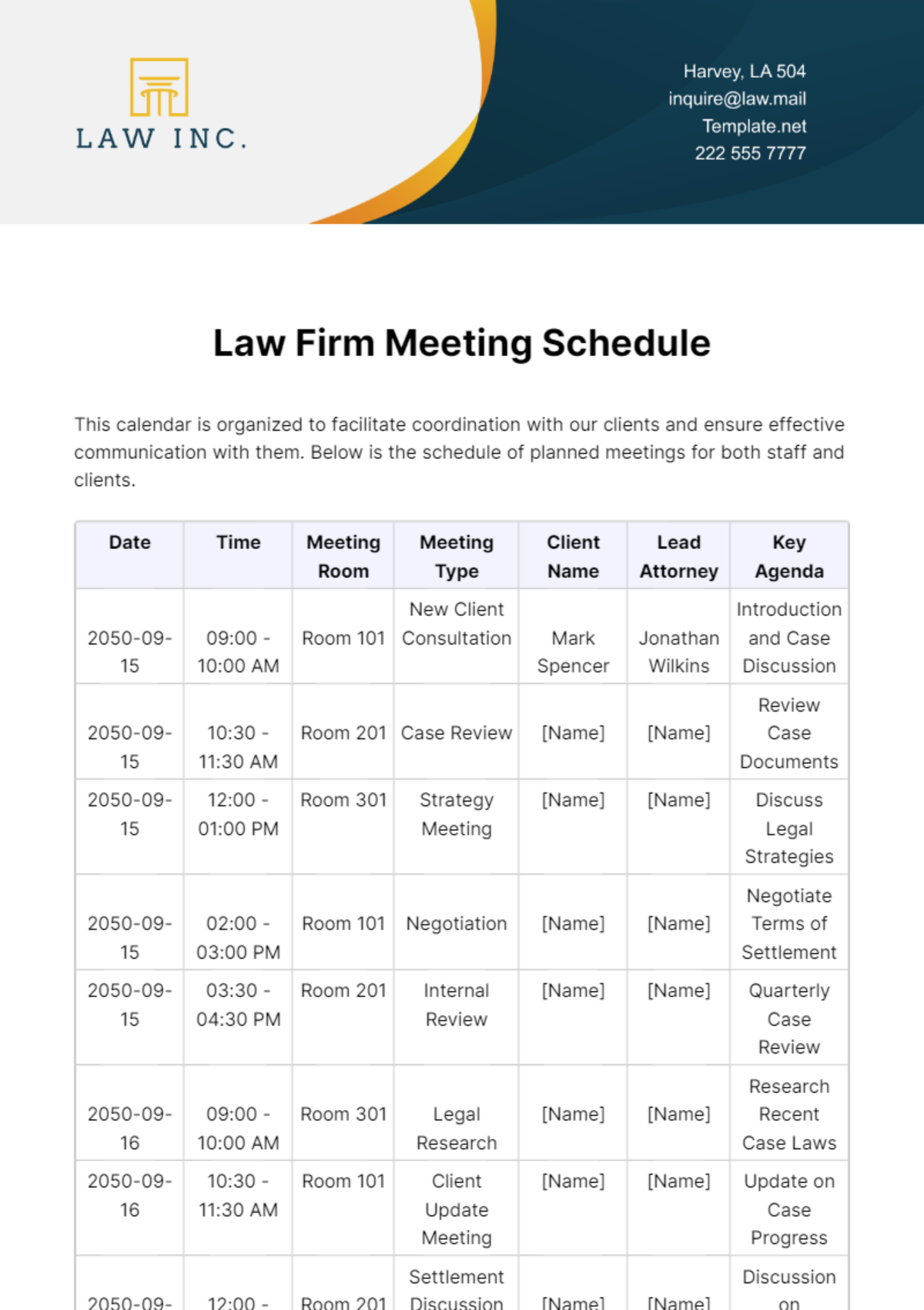 Free Law Firm Meeting Schedule Template