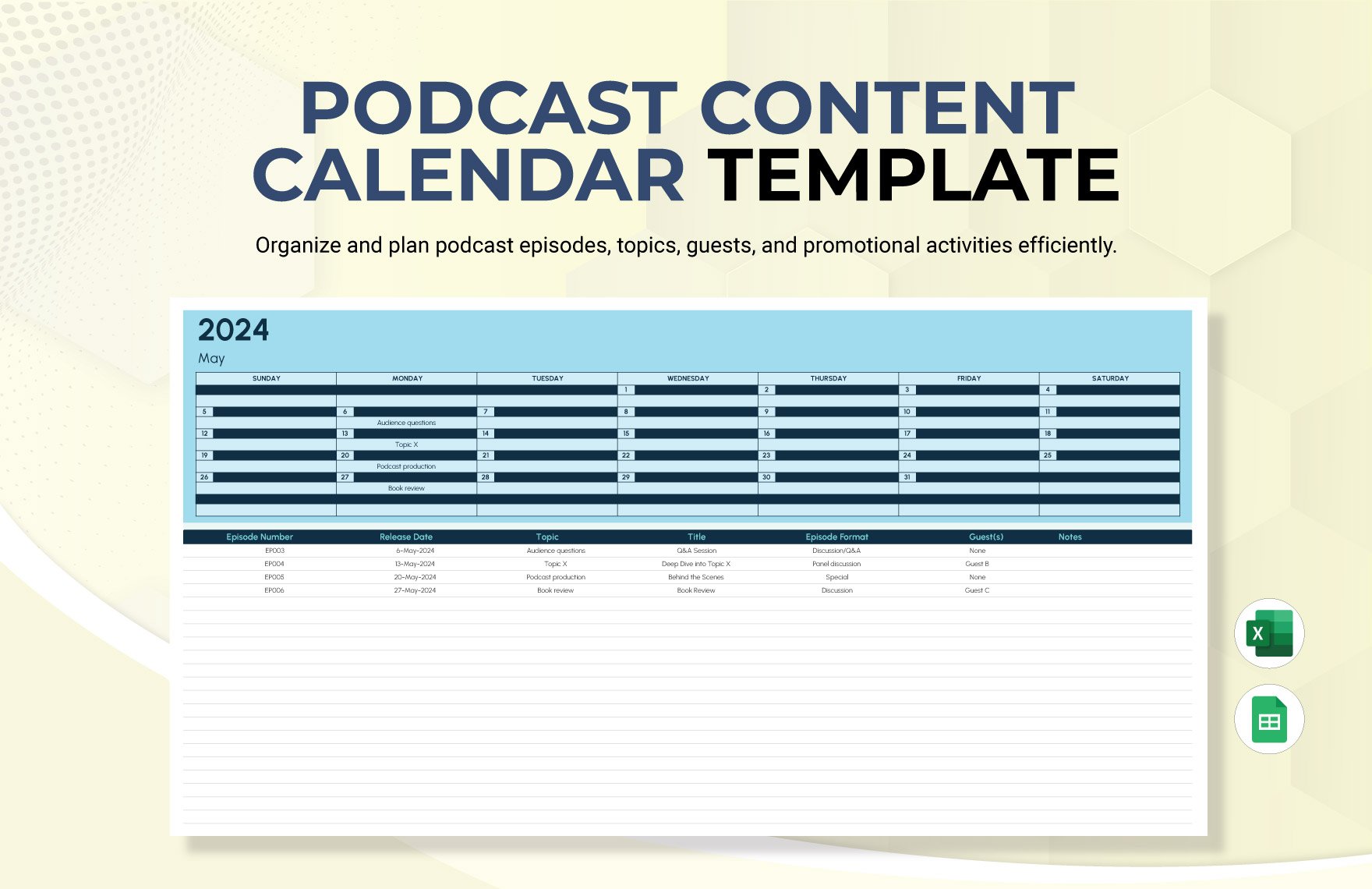 Podcast Content Calendar Template in Excel, Google Sheets