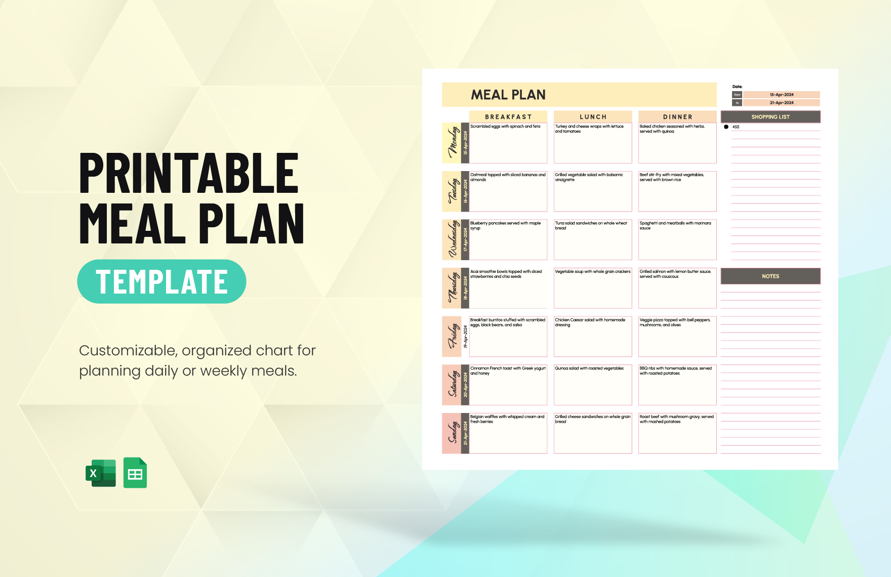 Printable Meal Plan Template in Excel, Google Sheets