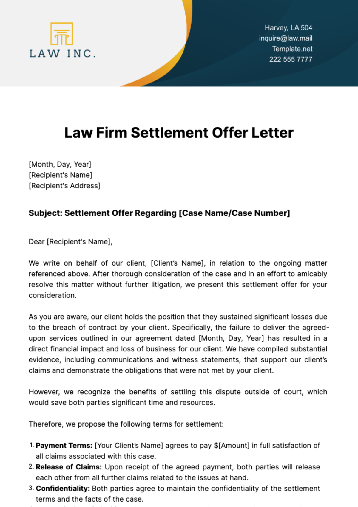 Law Firm Settlement Offer Letter Template
