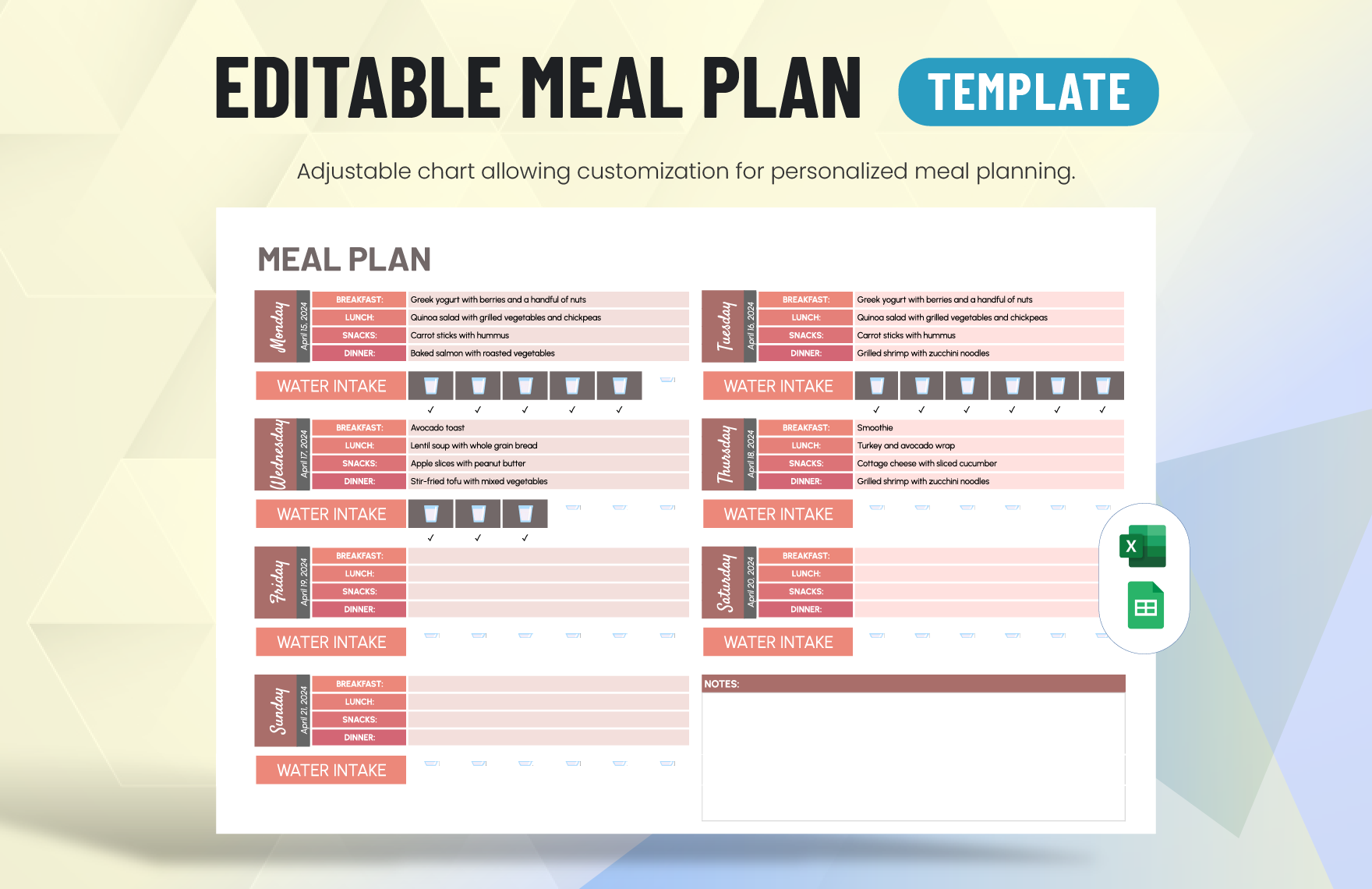 Editable Meal Plan Template in Excel, Google Sheets