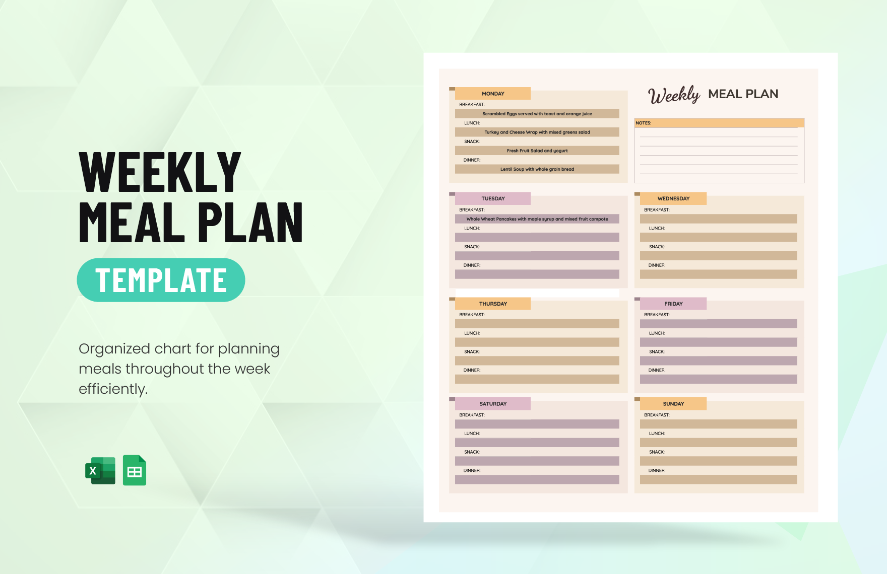 Weekly Meal Plan Template in Excel, Google Sheets