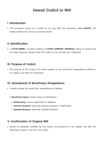 Free Hawaii Codicil to Will Template to Edit Online