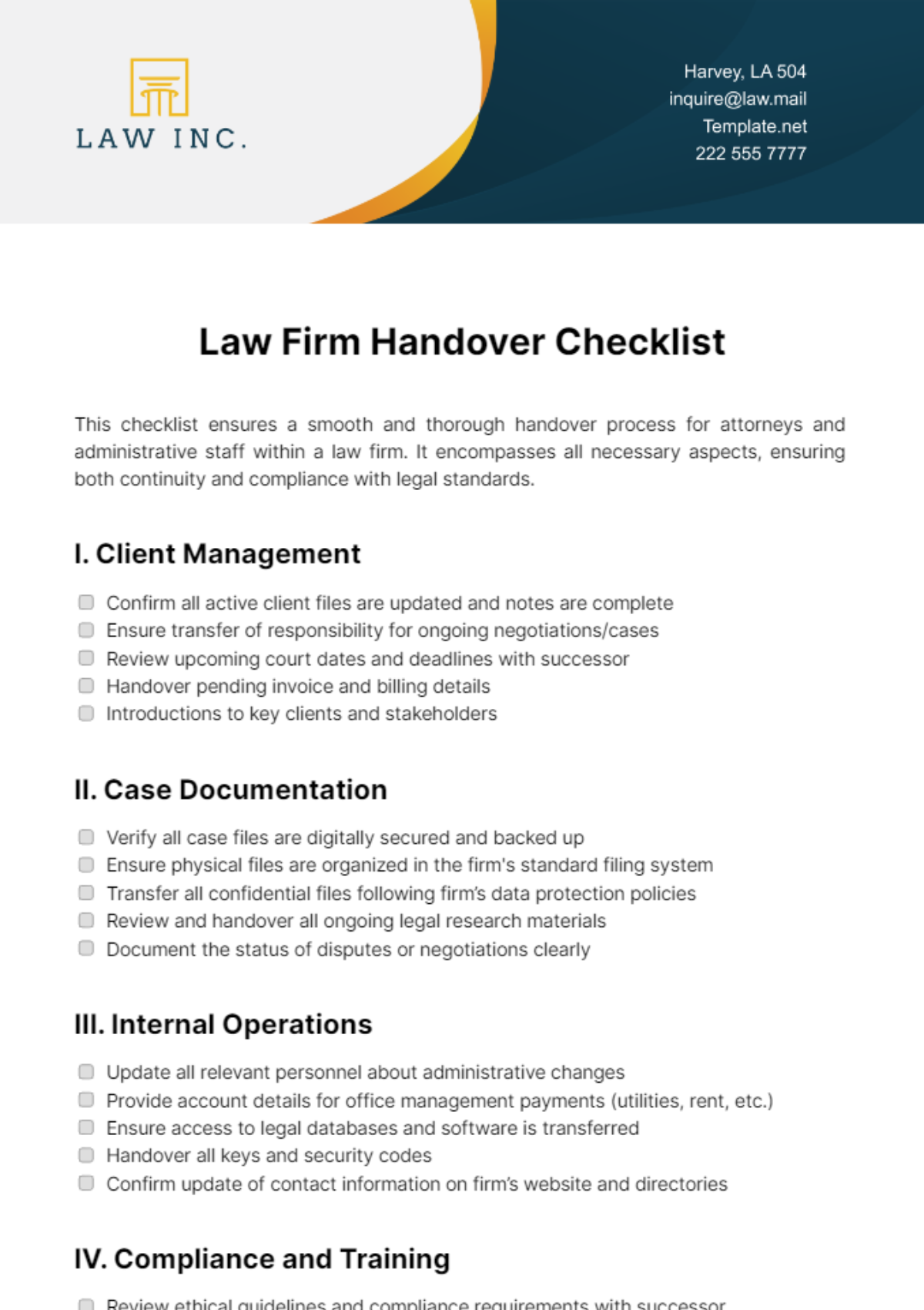 Law Firm Handover Checklist Template