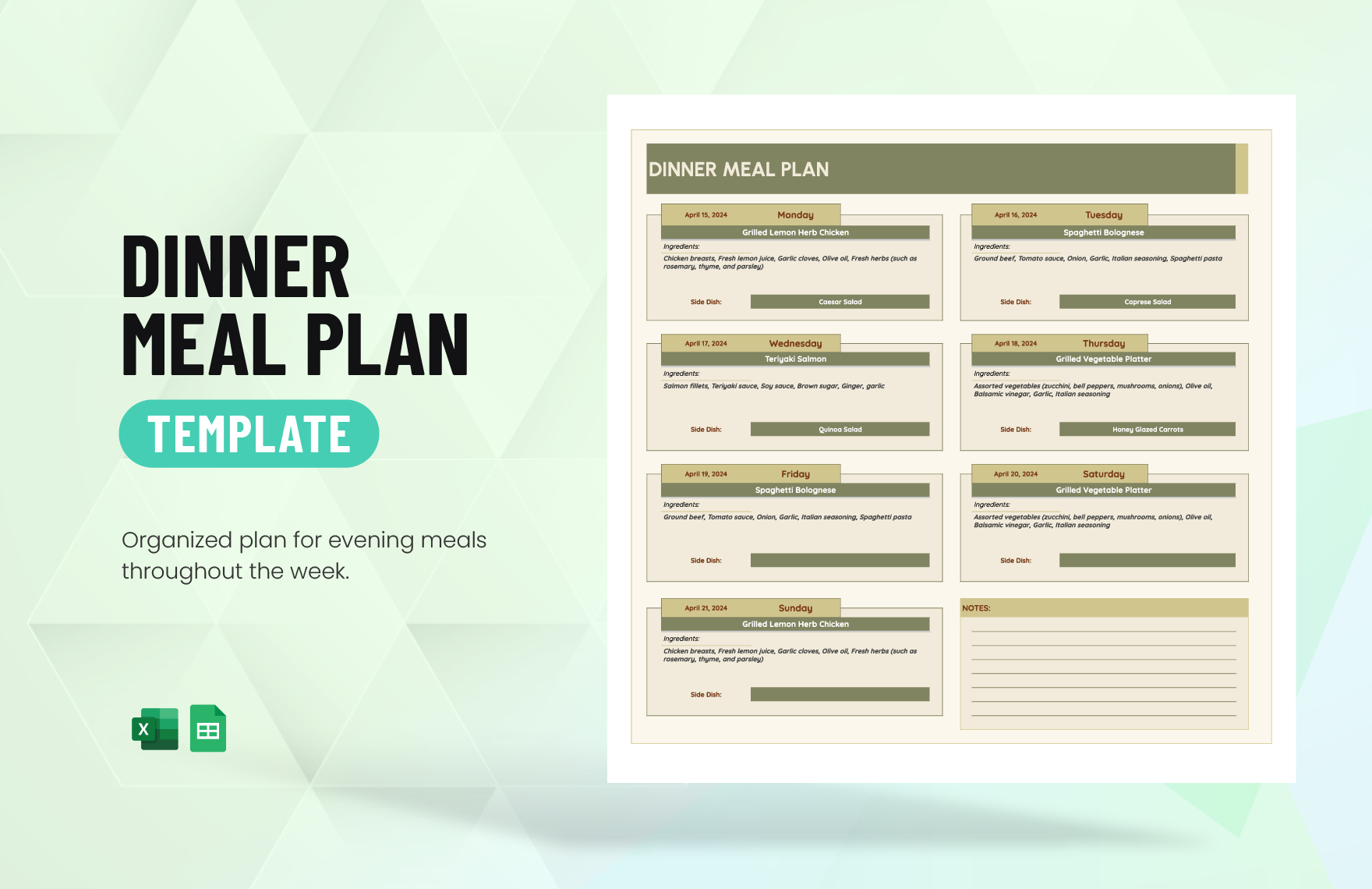 Dinner Meal Plan Template in Excel, Google Sheets