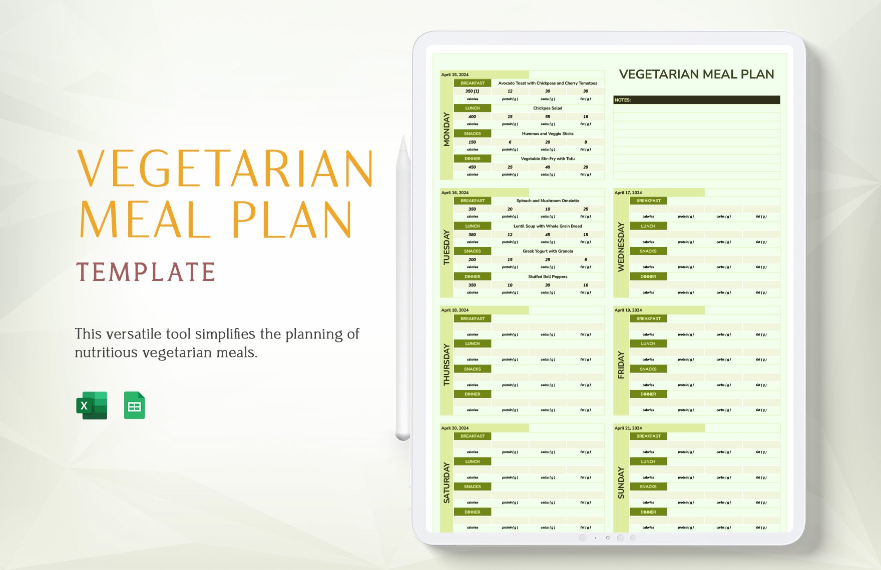 Vegetarian Meal Plan Template in Excel, Google Sheets