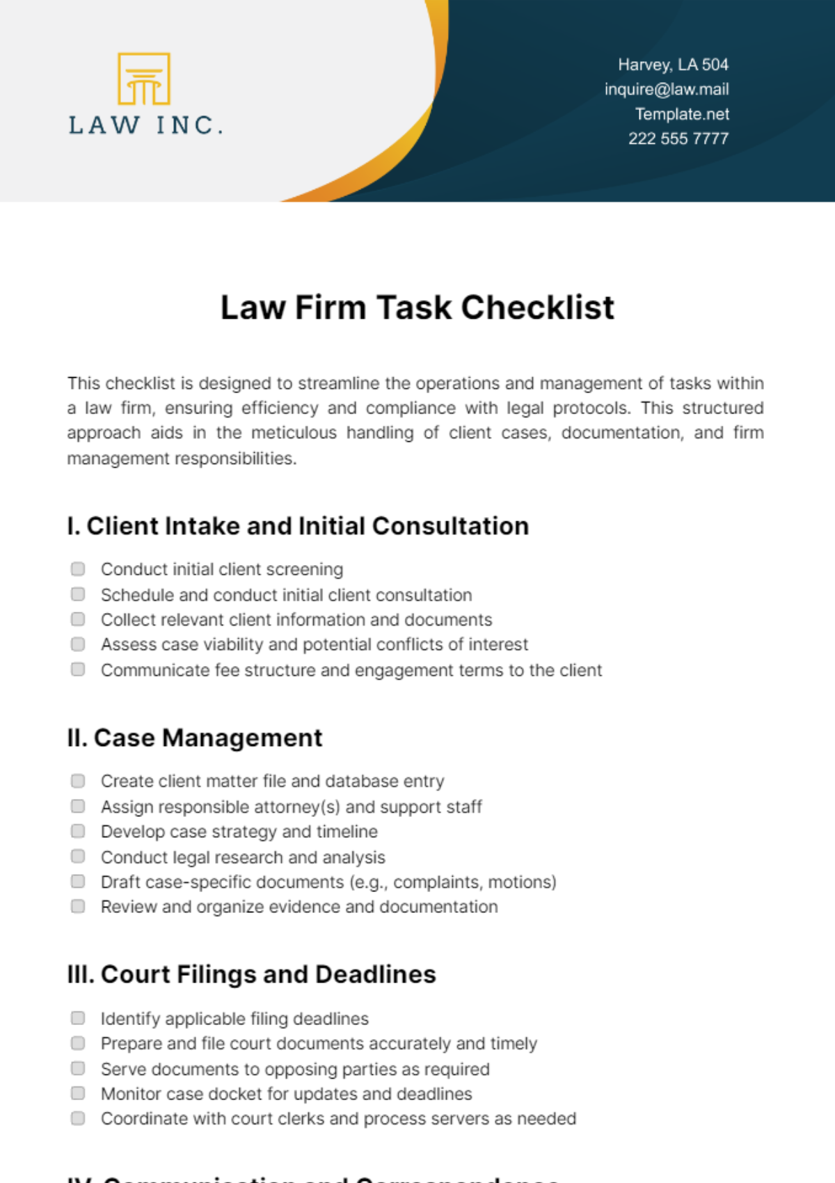Law Firm Task Checklist Template