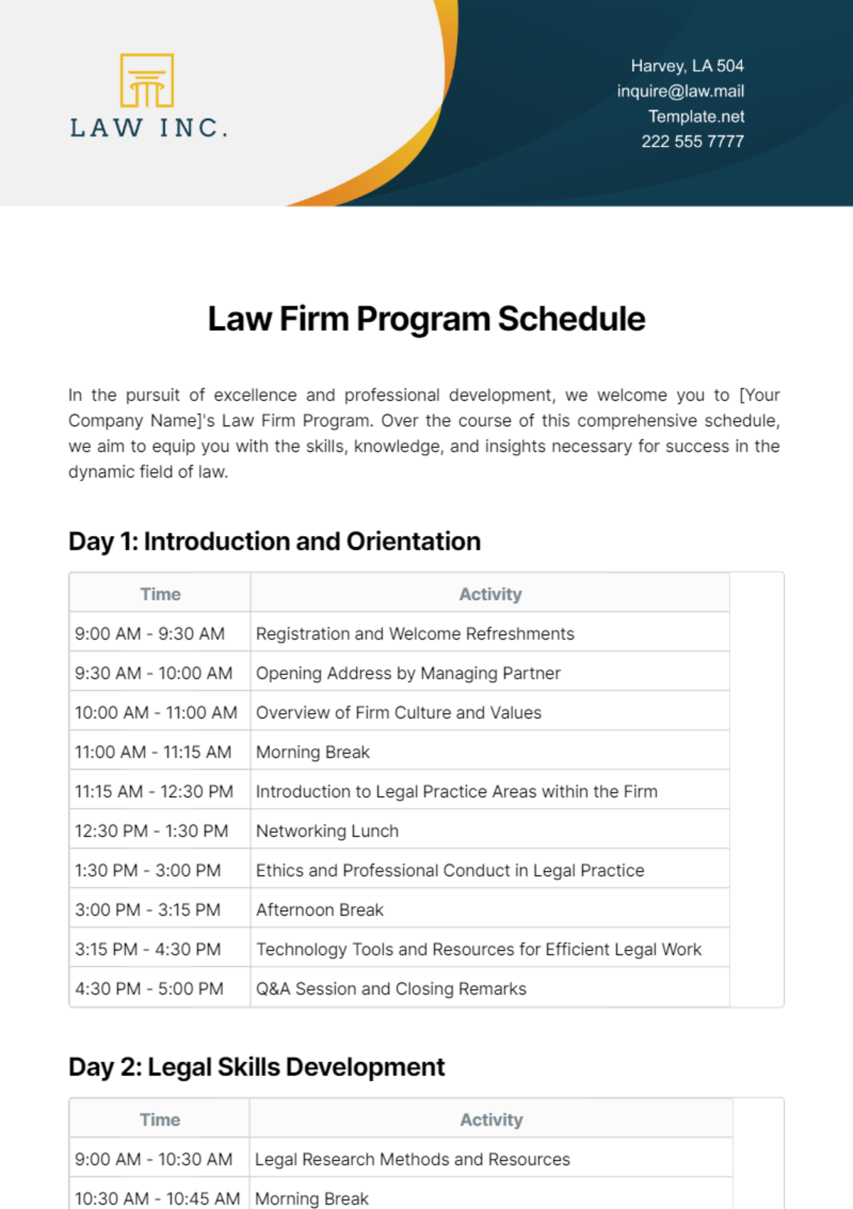 Law Firm Program Schedule Template