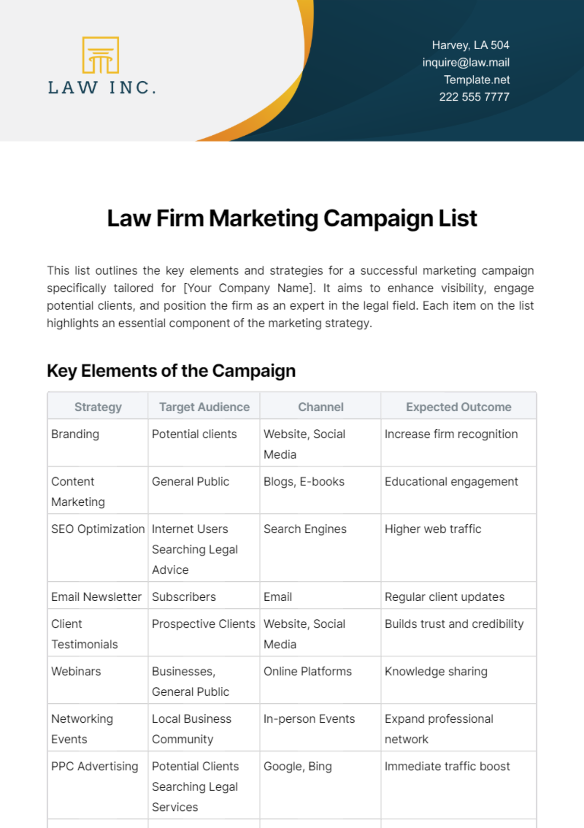 Law Firm Marketing Campaign List Template