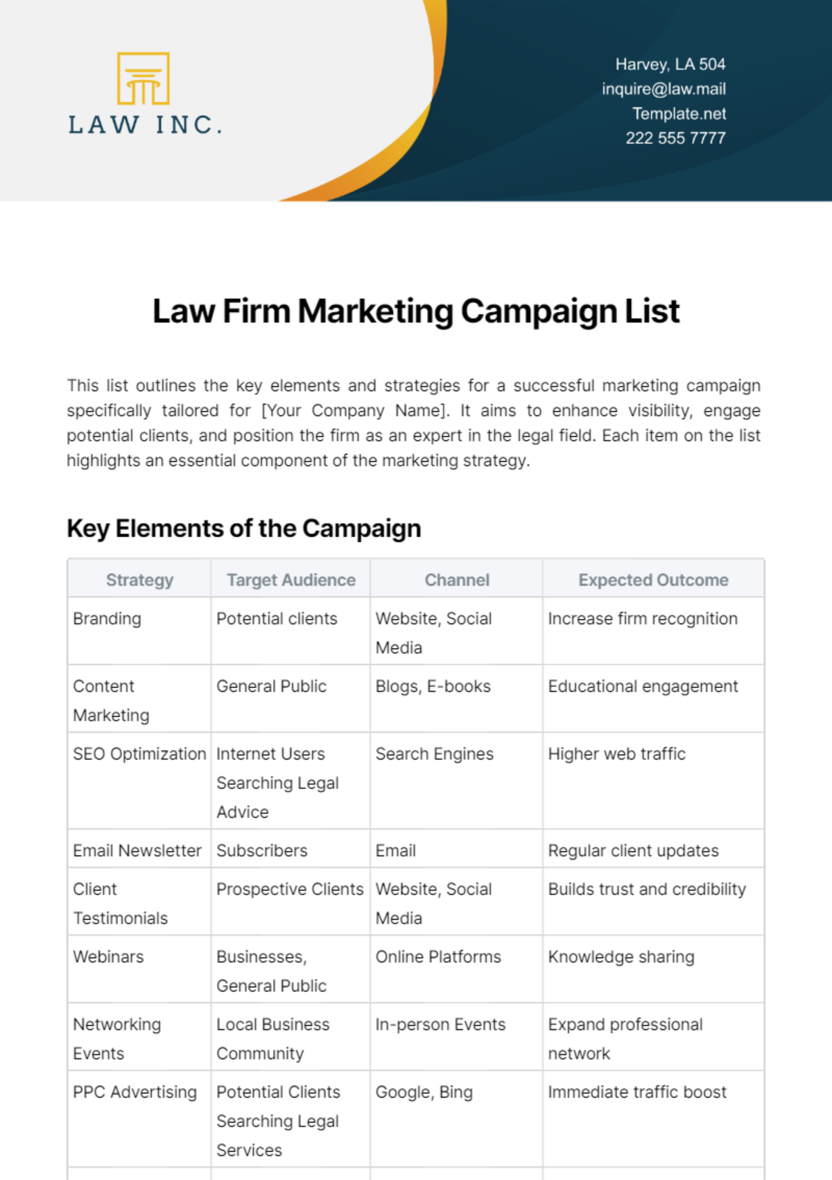 Law Firm Marketing Campaign List Template - Edit Online & Download