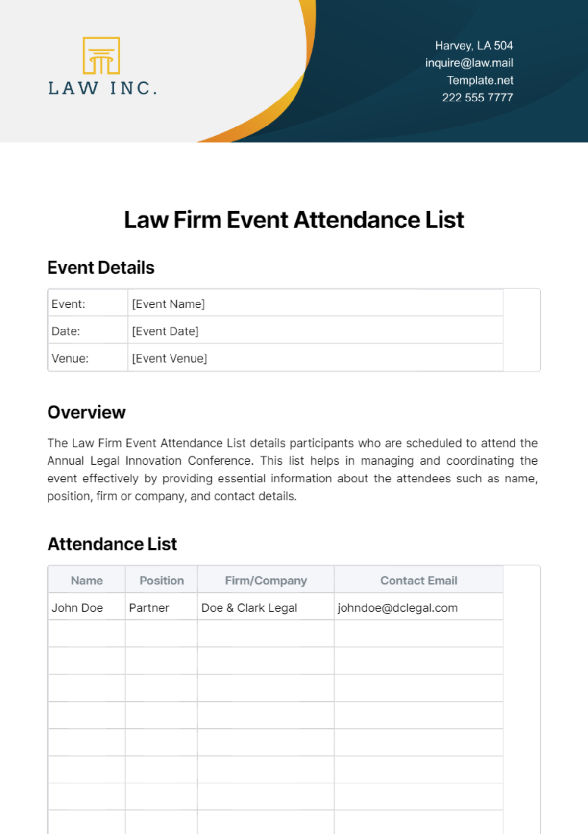 Law Firm Event Attendance List Template