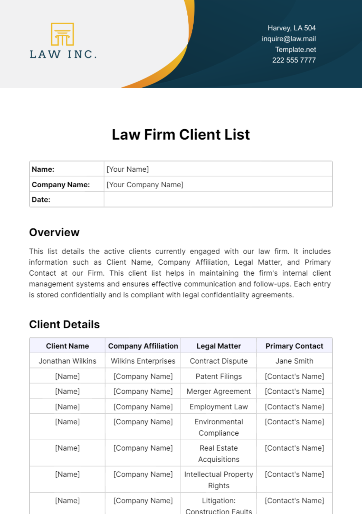 Free Law Firm Client List Template