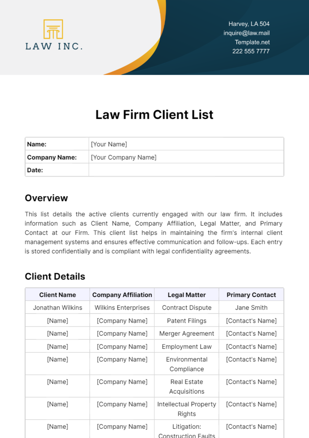 Law Firm Client List Template - Edit Online & Download