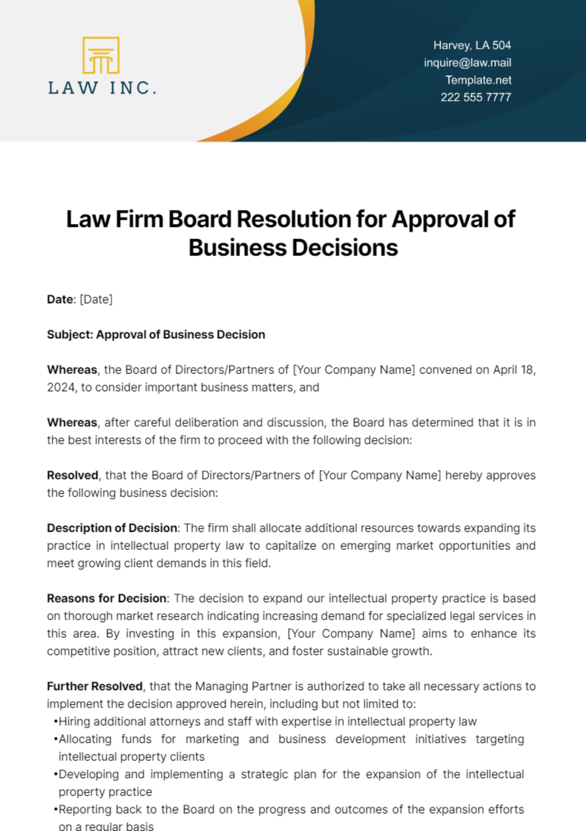 Law Firm Board Resolution for Approval of Business Decisions Template