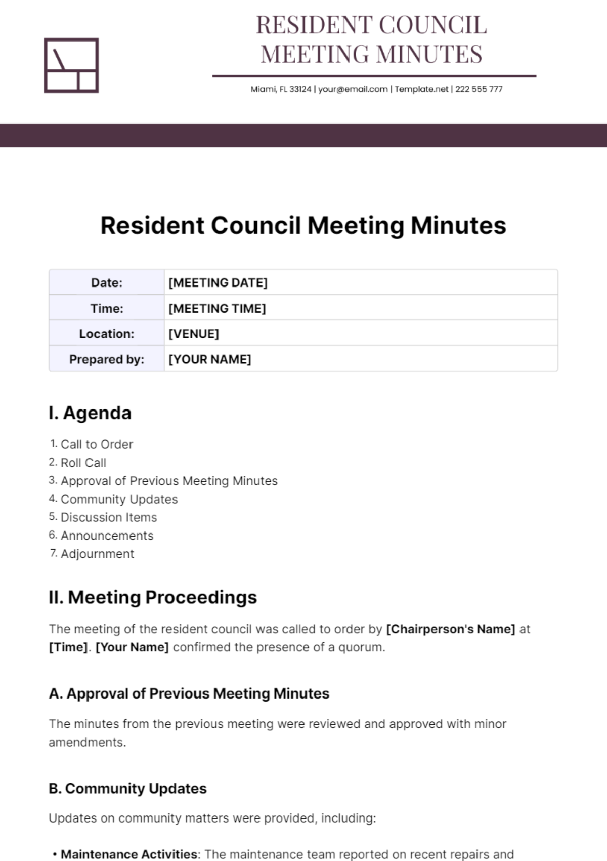 Free Resident Council Meeting Minutes Template