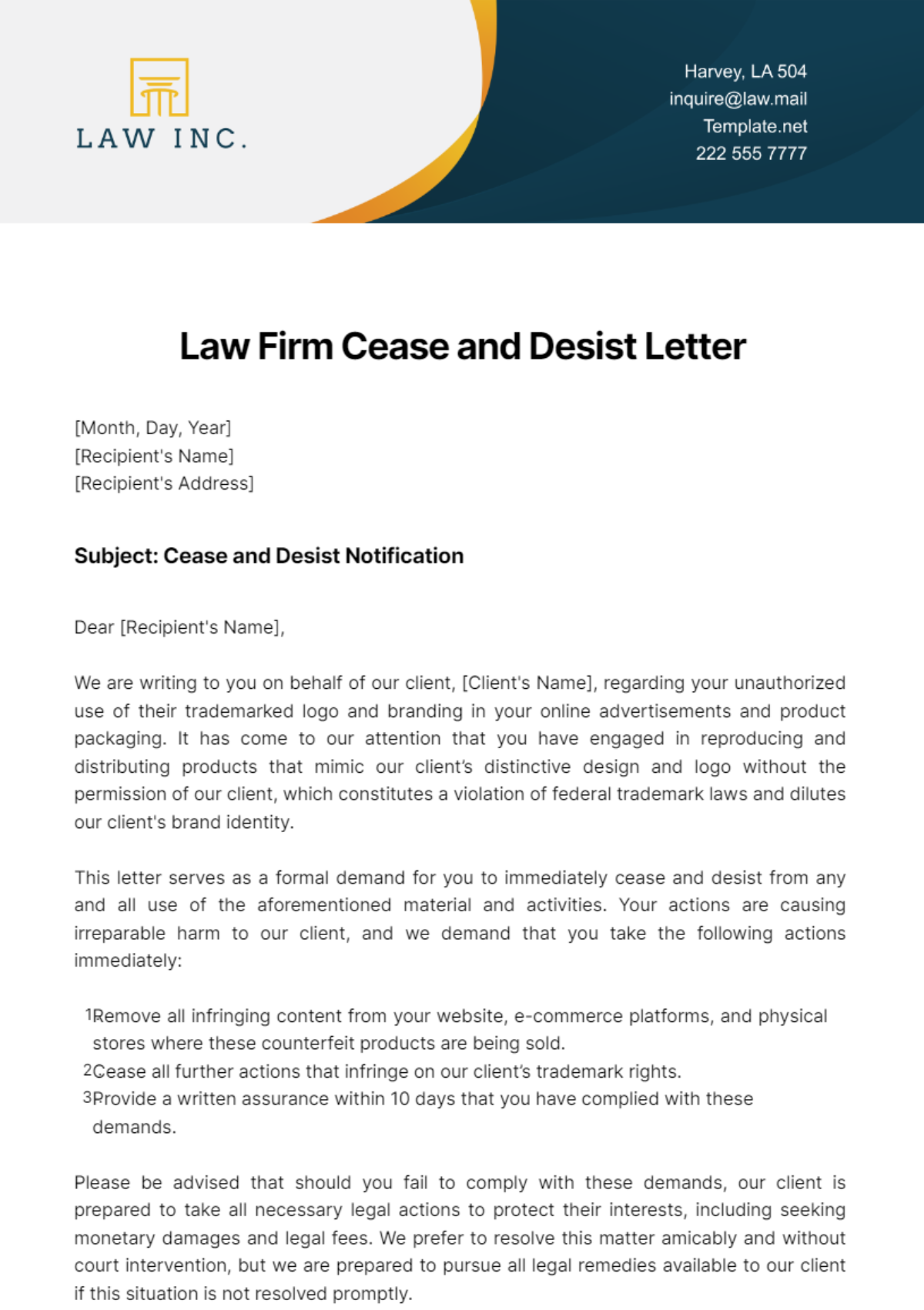 Law Firm Cease and Desist Letter Template