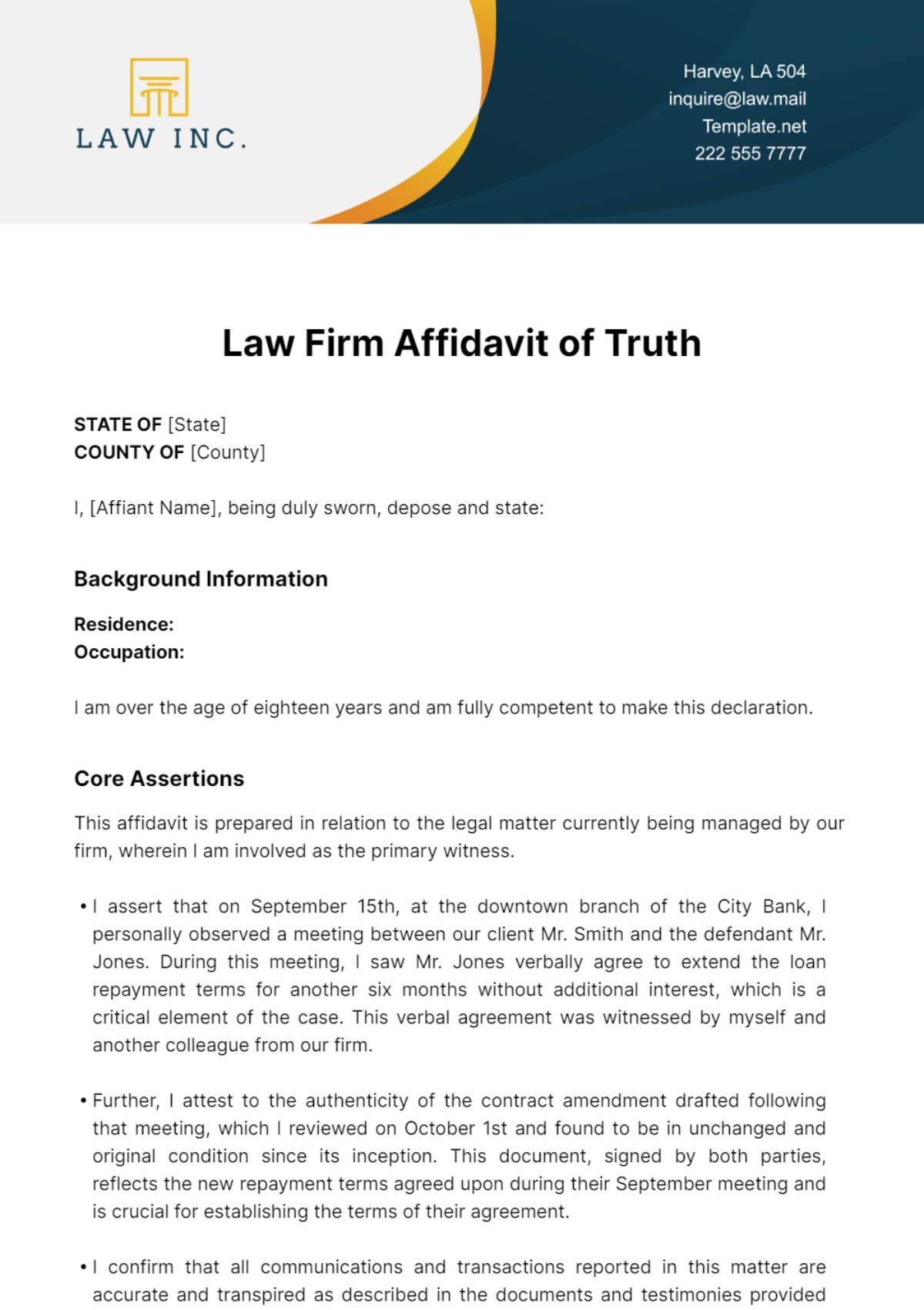 Law Firm Affidavit of Truth Template - Edit Online & Download