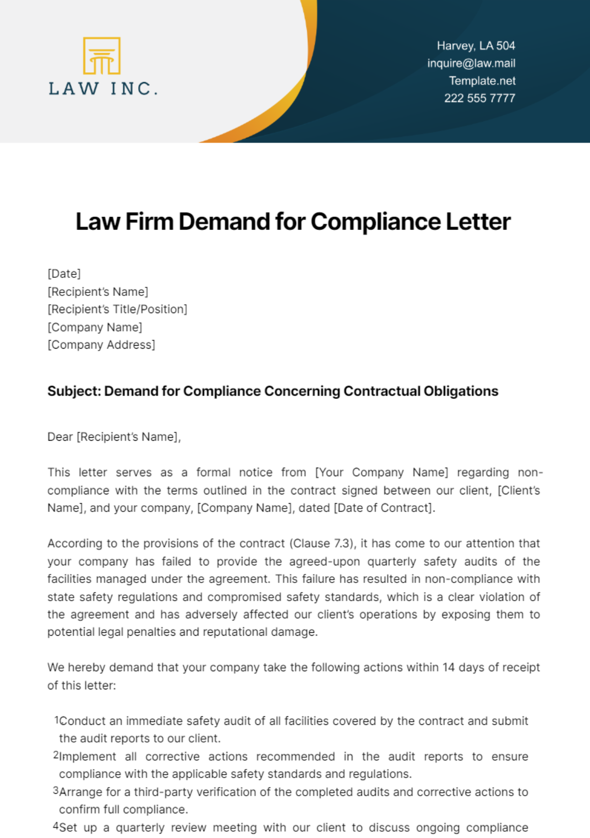 Law Firm Demand for Compliance Letter Template