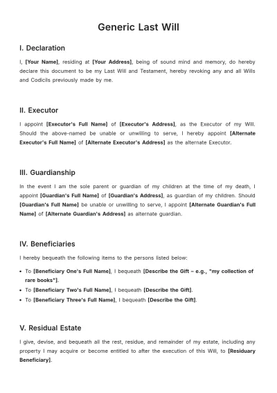 Free Generic Last Will Template to Edit Online