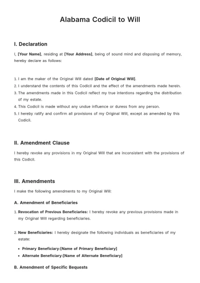 Free Alabama Codicil to Will Template to Edit Online