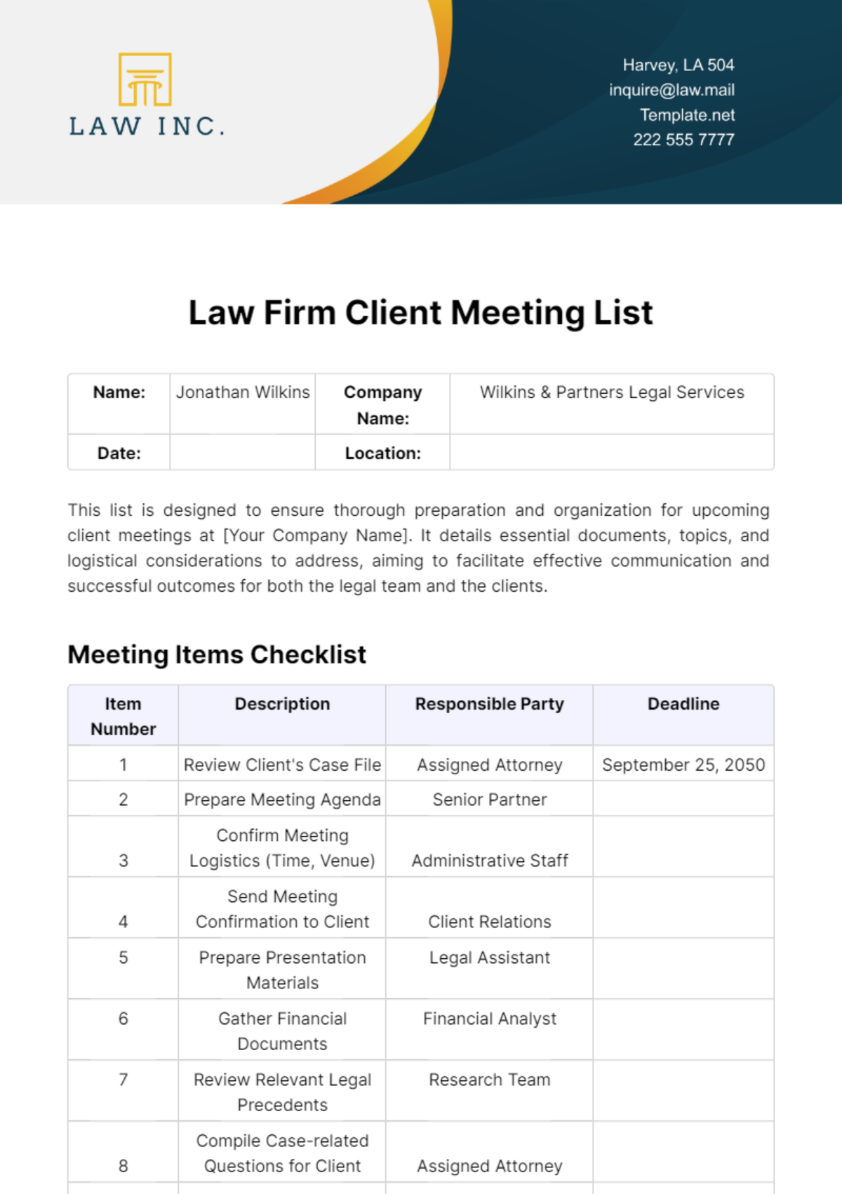 Law Firm Client Meeting List Template
