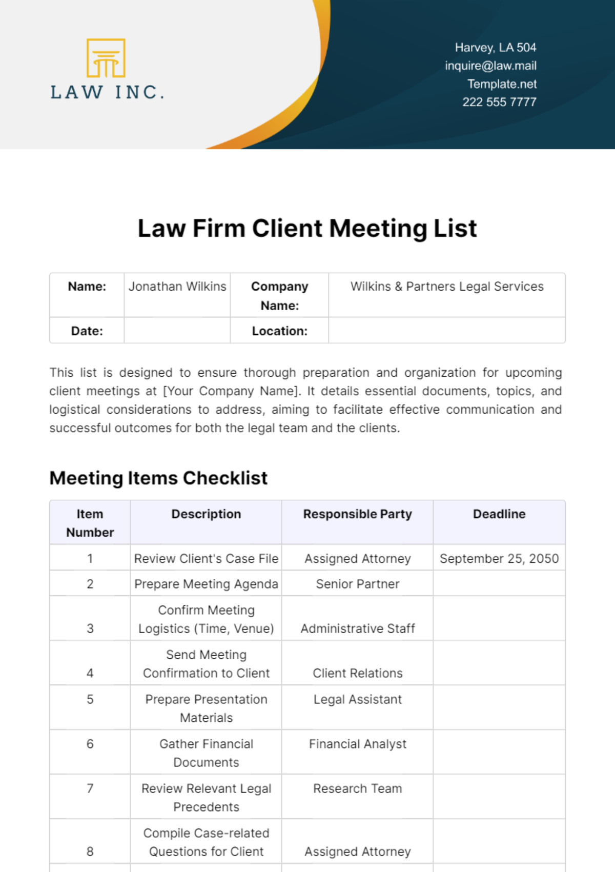 Free Law Firm Client Meeting List Template - Edit Online & Download ...