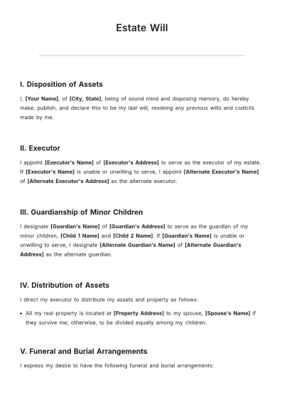 Free Estate Will Template to Edit Online