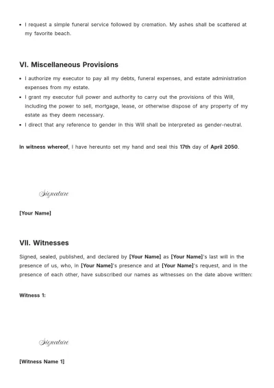 Free Estate Will Template to Edit Online